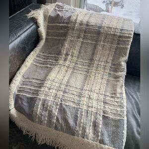 Vintage 100% Wool Throw Blanket – Artisan Hand-Woven – Grey & Cream, Cozy
